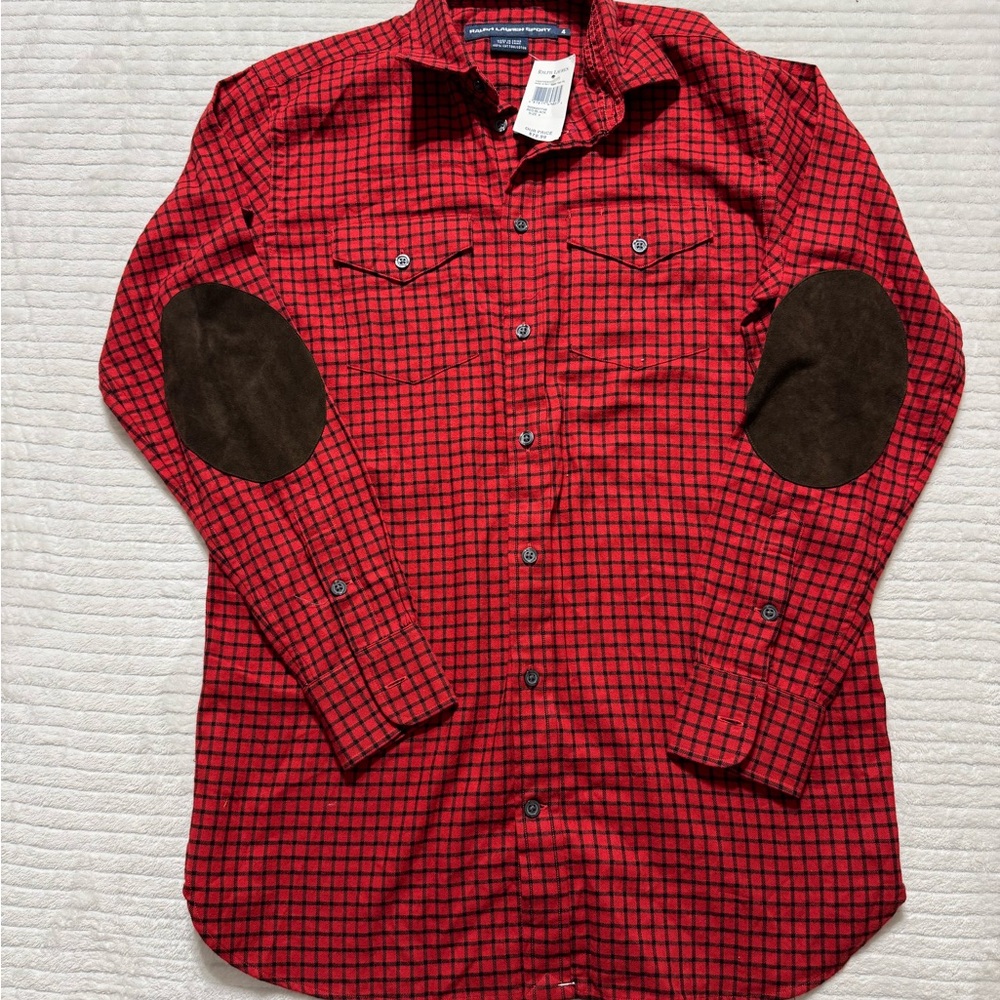 Ralph Lauren Red Plaid Shirt with Brown Elbow Patches